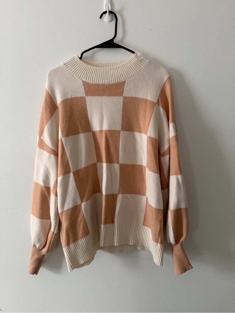 Checkerboard Crewneck Sweater in Cream and Tan